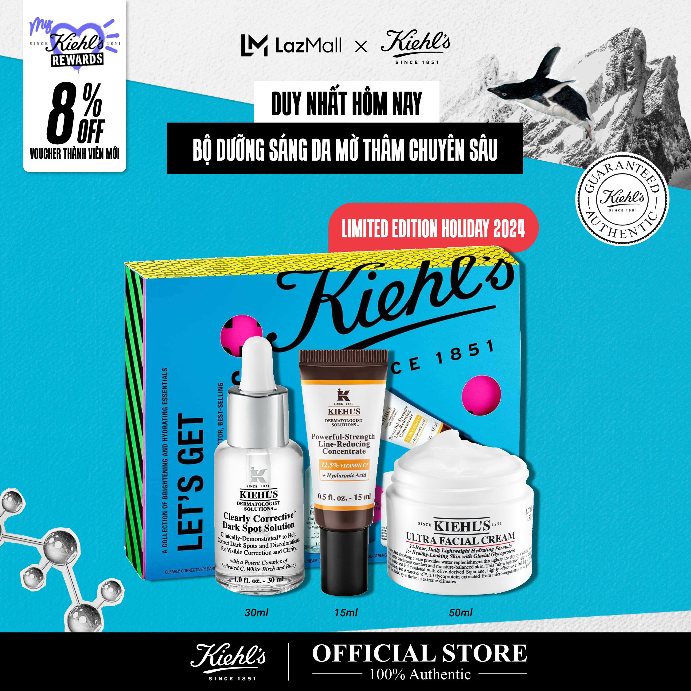 [VOUCHER 12%] Bộ 3 Sản Phẩm Tinh Chất Sáng da, Kem dưỡng sáng vùng mắt & Kem Dưỡng Kiehl's Giúp Dưỡng Da Mờ Thâm [Phiên bản bao bì  lễ hội 2024]