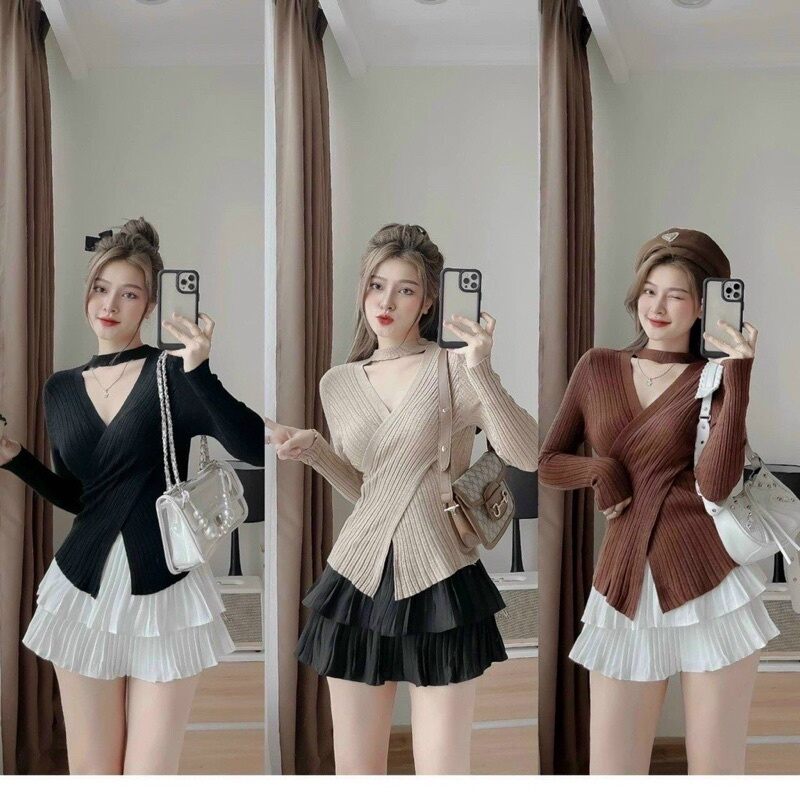 SET  ÁO THUN GÂN VẠT CHÉO KÈM VÁY DẬP LY BE2/V5