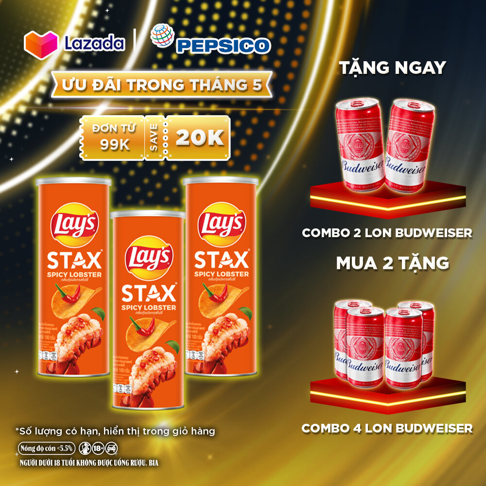 [DUY NHẤT 20H 4.5-7.5]  Combo 3 lon Snack Khoai Tây Miếng Lays Stax Vị Tôm Hùm Nướng Ngũ Vị (3 x 100