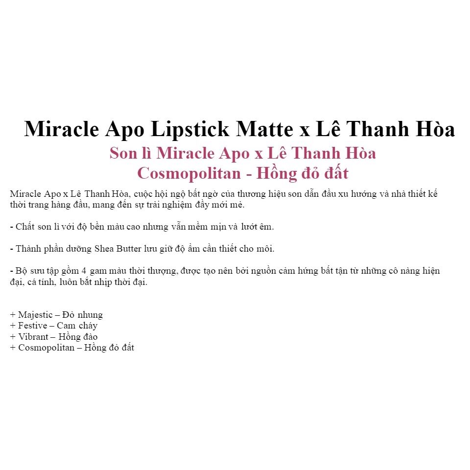 Son Lì Miracle Apo Lipstick Matte x Lê Thanh Hoà  4G ( Hồng Đỏ Đất - 10/2023 )
