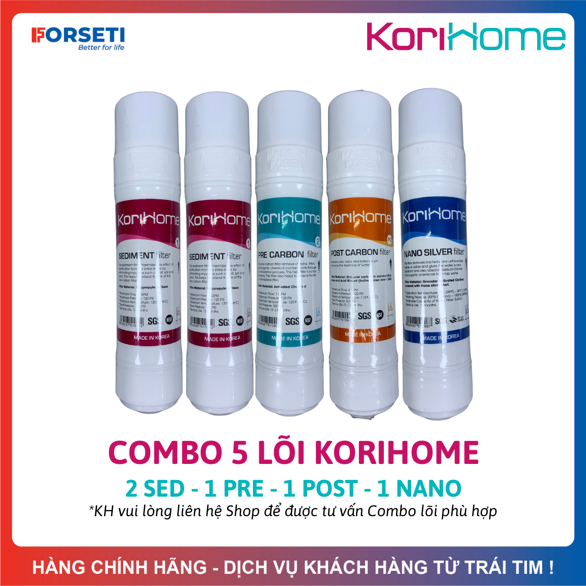 Combo 5 lõi lọc korihome hàn quốc gồm 2 sediment + 1 pre carbon + 1 post carbon + 1 nano silver dành cho model wpk-606-lite, wpk-605, wpk-813, wpk-888-lt...