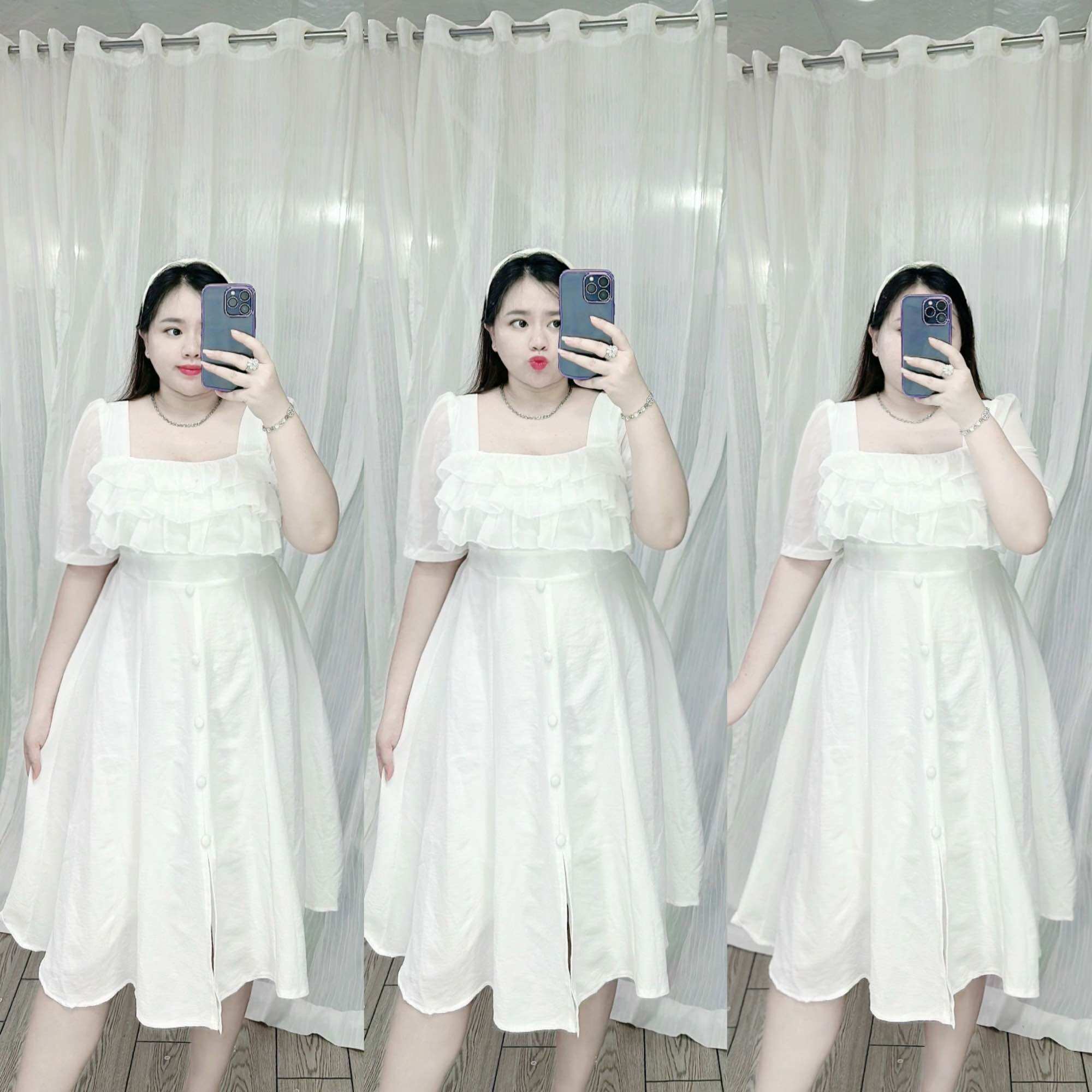 [Bigsize 60-85kg] Đầm xốp nút bọc phối chiffon