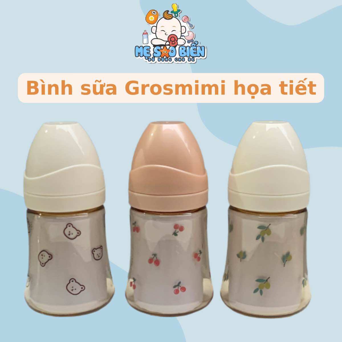 Bình sữa grosmimi ppsu họa tiết gấu/ cherry/ olive 200ml/ 300ml