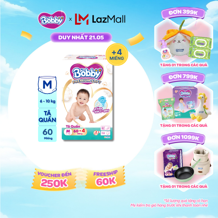 [SALE CUỐI THÁNG tặng QUÀ TO-SLCH][Tặng 4 miếng] Tã quần Bobby Premium Soft size M60