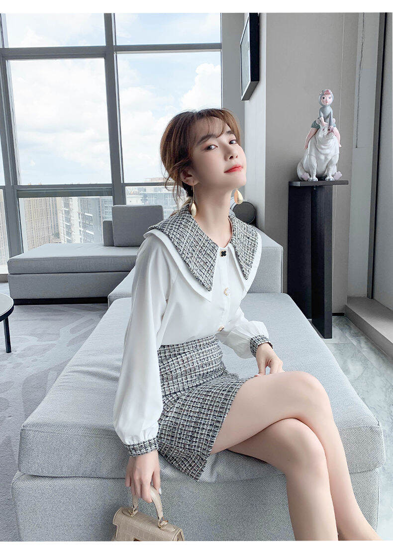Set Áo Sơ Mi Phối Váy Dạ Tweed Trắng Đen Siêu Đẹp