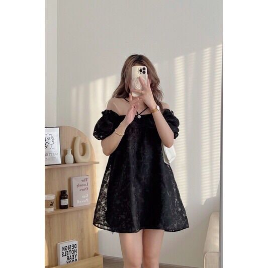 Váy trễ vai cúc ngọc dây chéo hoa nổi Pea Store - Áo váy tay bồng hoa nổi tiểu thư Daisy Top