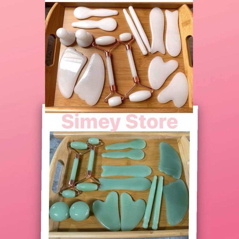 Bộ ngọc massage mặt 14 món, bộ ngọc cạo gió, ấn huyệt dưỡng sinh cao cấp