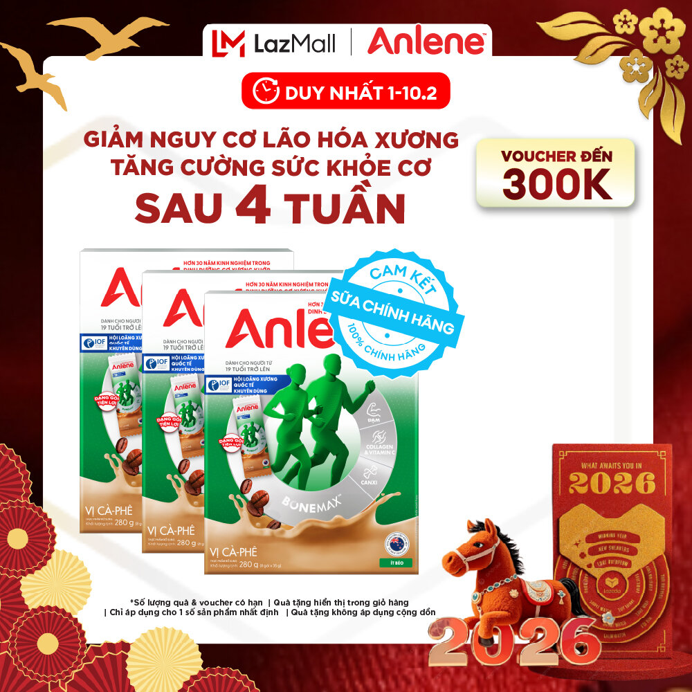 [Voucher giảm đến 26%]Combo 3 Sữa Bột Anlene Hương Cà Phê Dạng Gói Tiện Lợi (8 Gói x 35G)