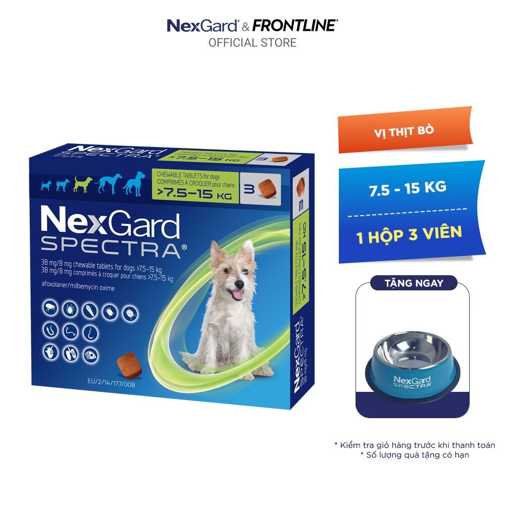 NexGard SPECTRA - Viên nhai phòng & trị nội, ngoại ký sinh (ve, rận, bọ chét, ghẻ Demodex, Sarcoptes, giun) dành cho chó size M (7.5-15kg) - 1 hộp 3 viên