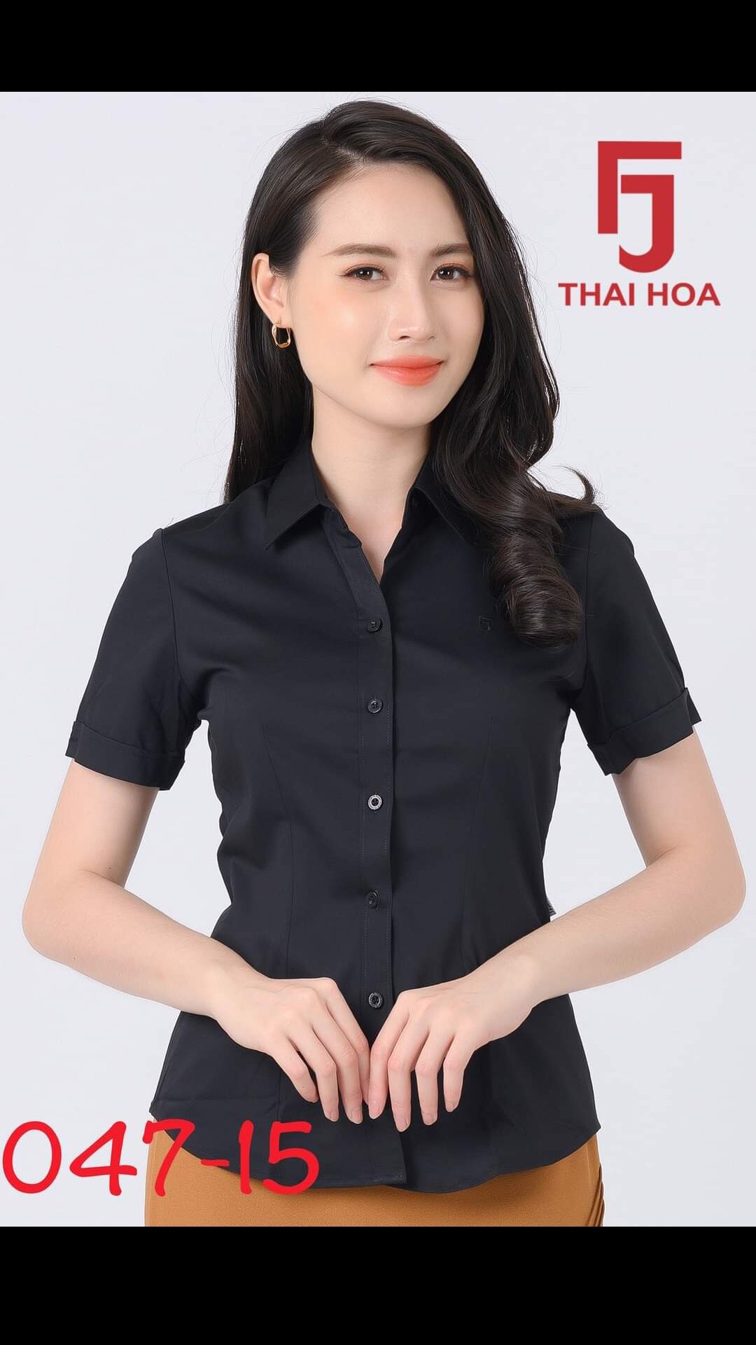 áo sơ mi nữ Thái Hòa màu đen trơn chất kate