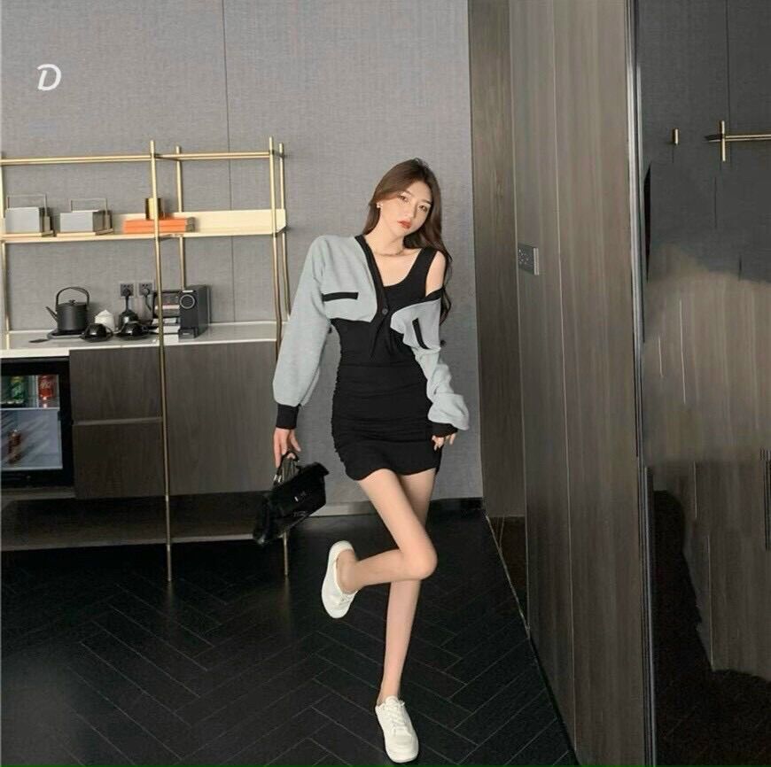 Set 2 Món Đầm Gân Kèm Cardigan Phối Viền