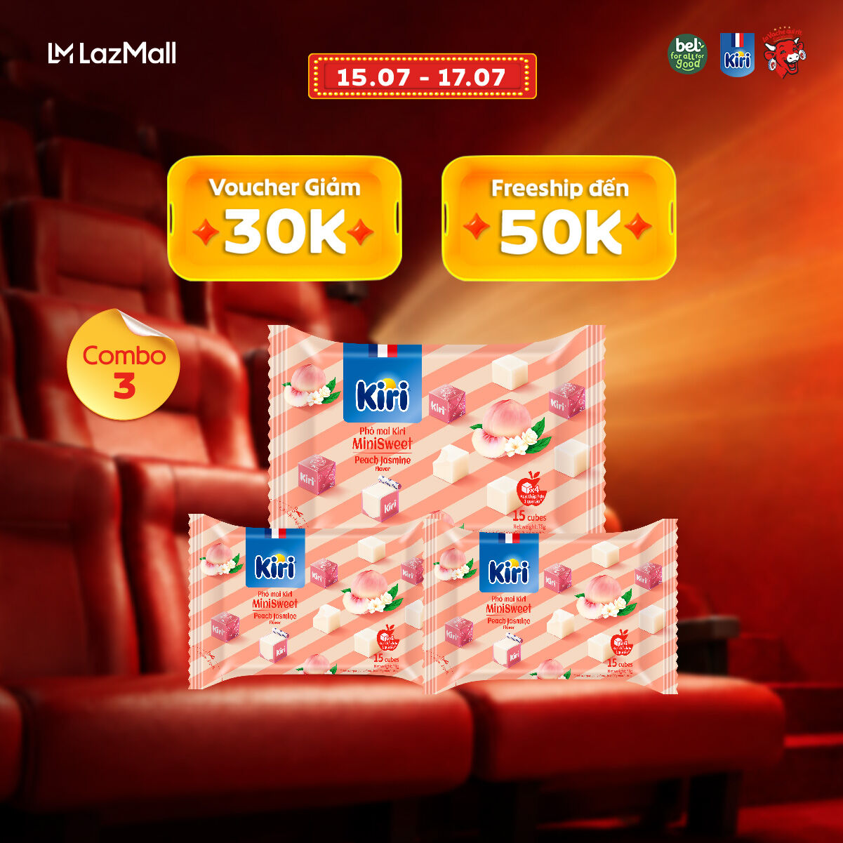 Combo 3 Phô mai Kiri vị đào hoa nhài 15C 78g