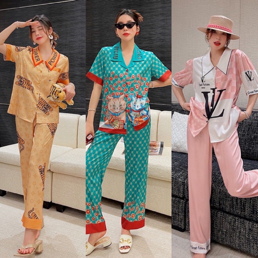 Pijama lụa cao cấp Quảng Châu áo cộc quần dài