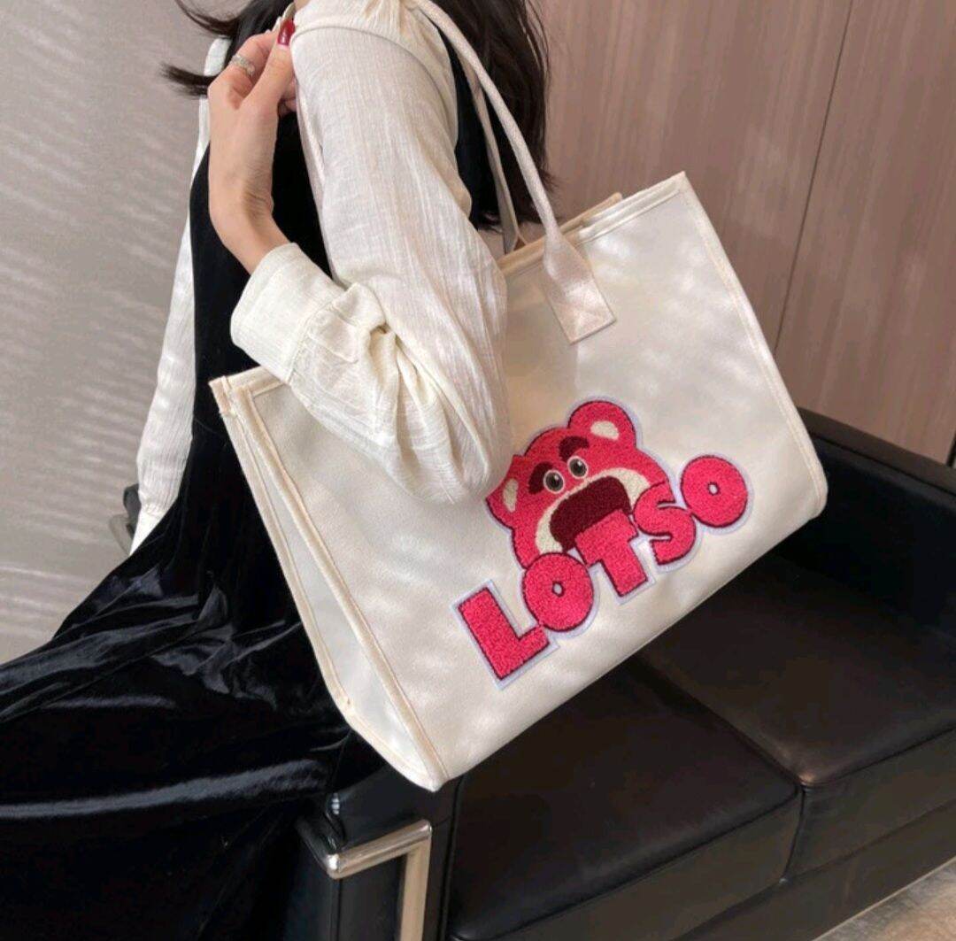 Túi tote vải nữ, túi canvas in hoạt hình gấu dâu tây, thỏ trắng, gấu bear dễ thương