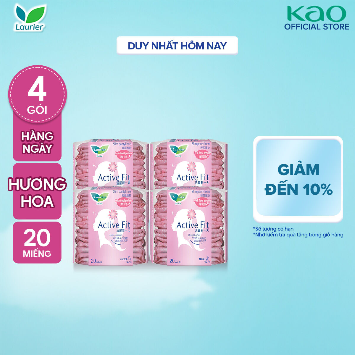 Combo 4 Băng vệ sinh hàng ngày Laurier Active Fit mềm mịn khô thoáng hương hoa 20 miếng