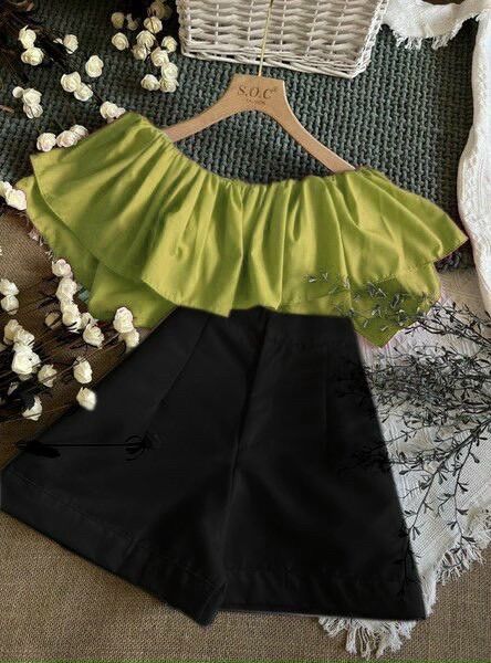 Set áo croptop bẹt vai mix short -sbv66
