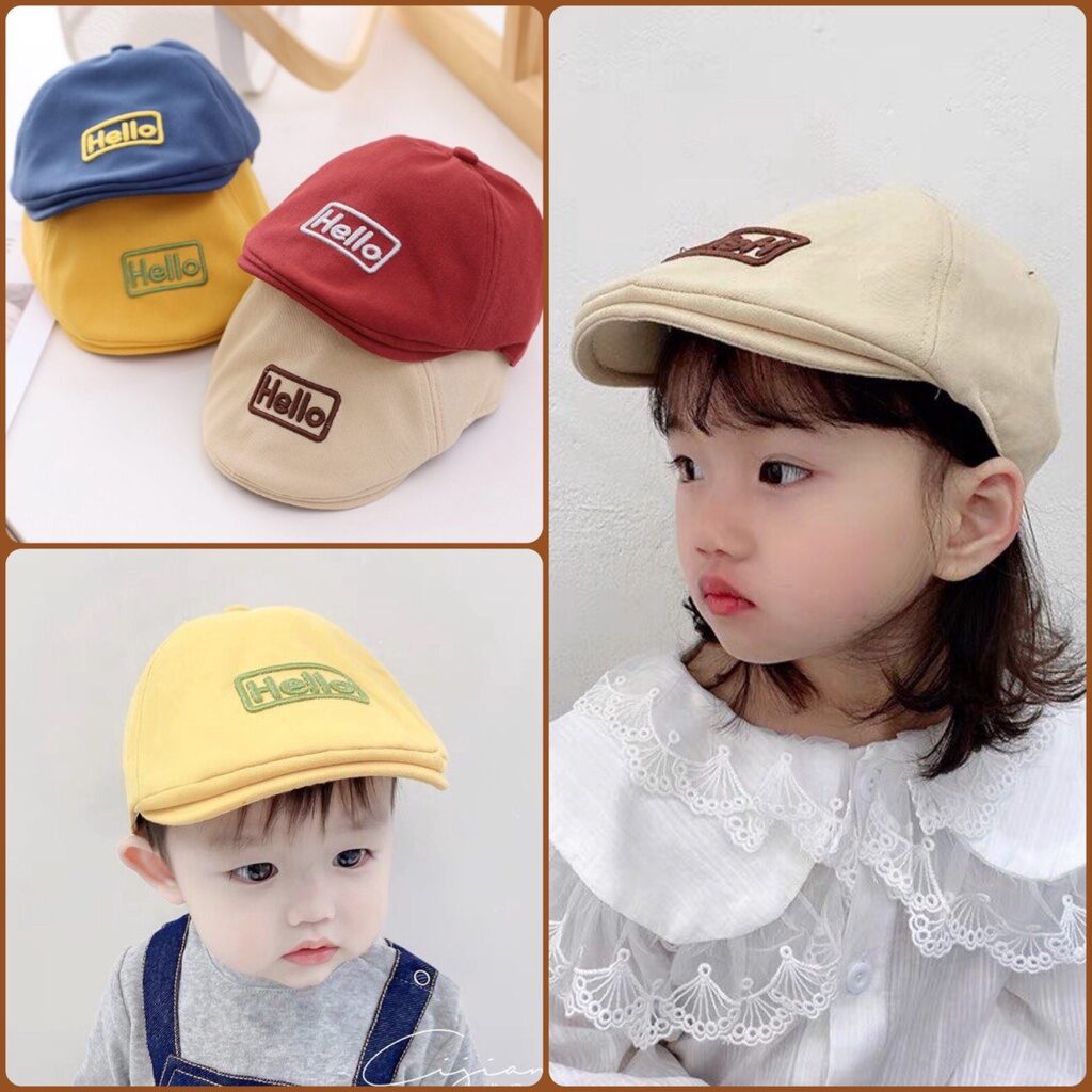 Mũ nồi Beret cho bé phong cách thêu chữ Hello