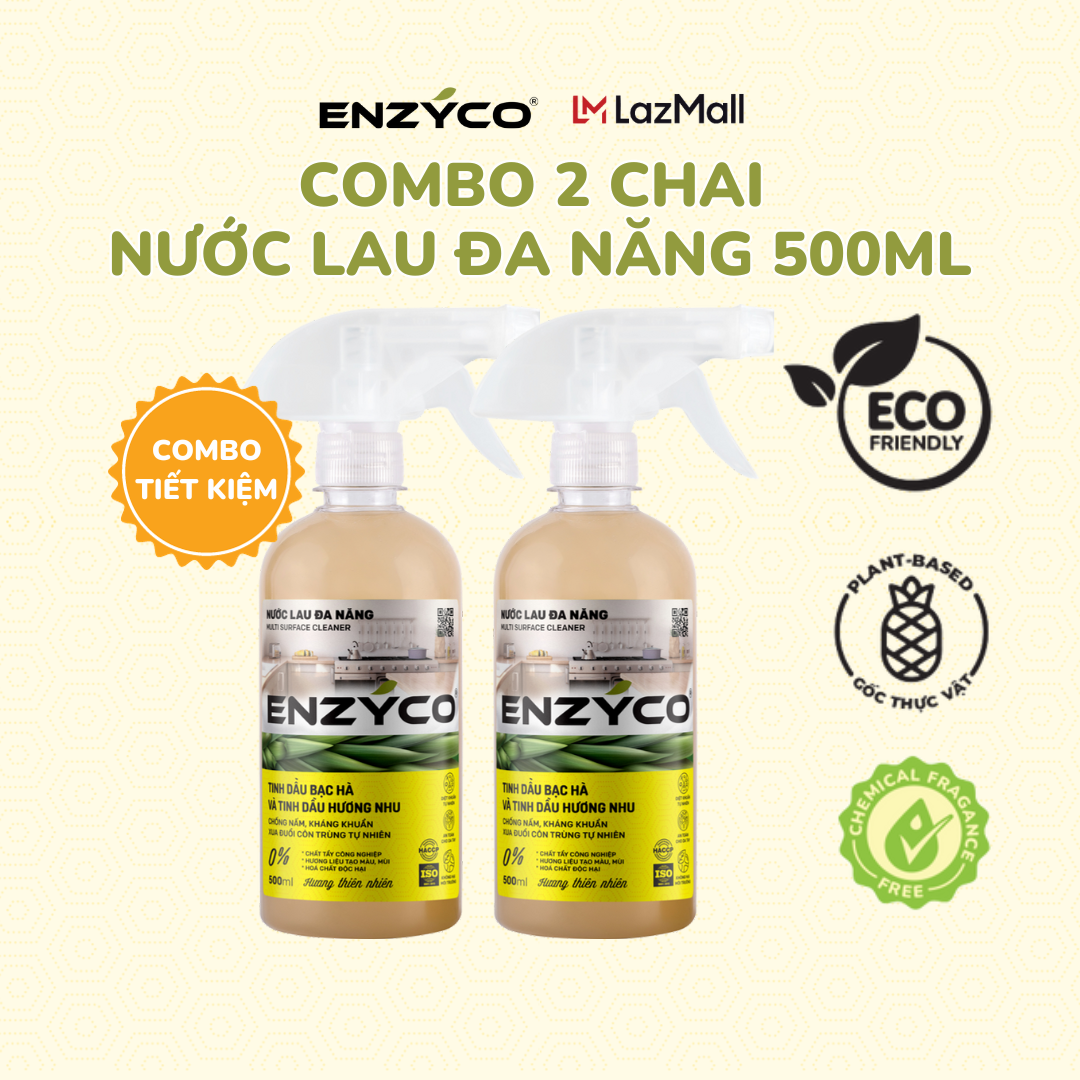 Combo 2 chai nước lau đa năng sinh học ENZYCO dạng xịt 500ml - Enzyme từ dứa làm sạch, kháng khuẩn, xua đuổi côn trùng - Tinh dầu hương nhu và bạc hà