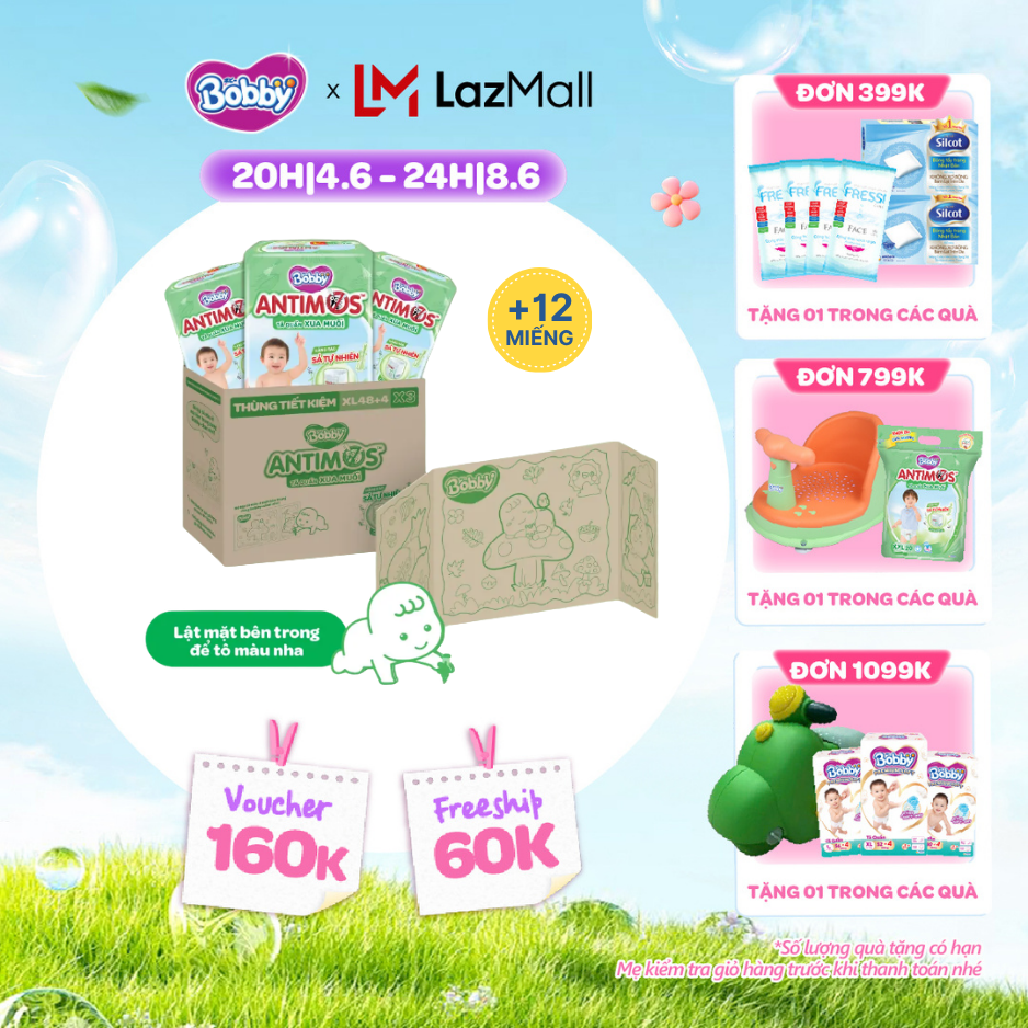 [QUÀ TẶNG HẤP DẪN TỪ 9-10.6][THÙNG TIẾT KIỆM TÔ MÀU] Combo 3 gói tã Quần Xua Muỗi Bobby Antimos – Hàng rào Sả tự nhiên Bye Muỗi 8H - XL48+4