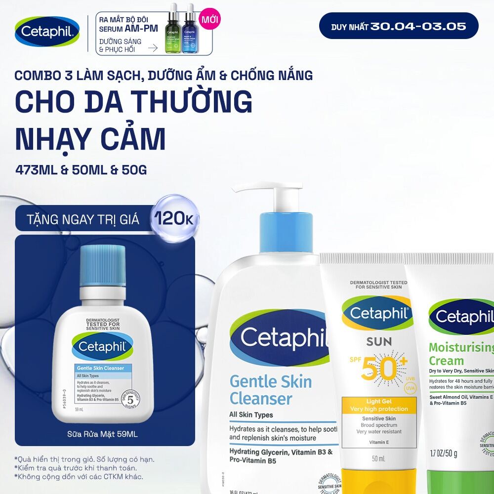 Combo 3 Bước Cetaphil Chăm Da Dịu Lành: Sữa rửa mặt 500ML + Kem dưỡng ẩm 50G + Gel chống nắng SPF50+
