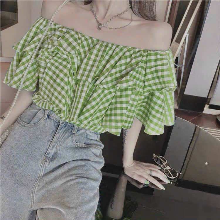 Áo croptop trễ vai tầng sọc caro lưng nhún