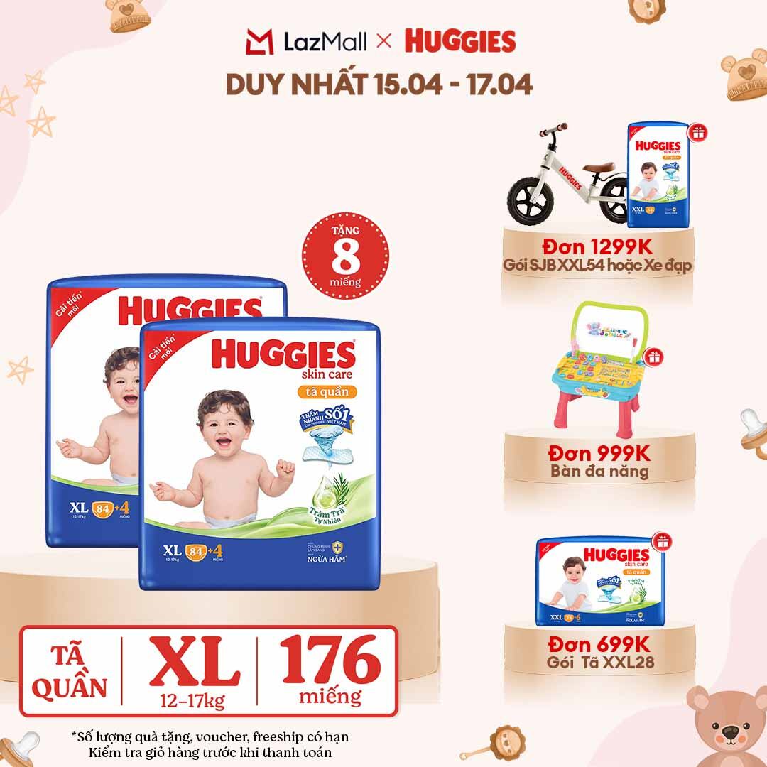 [CHỈ 18-24.04 GIẢM THÊM 90K]  Combo 2 Gói Tã/bỉm quần HUGGIES SKINCARE MEGA JUMBO size XL84+4 miếng