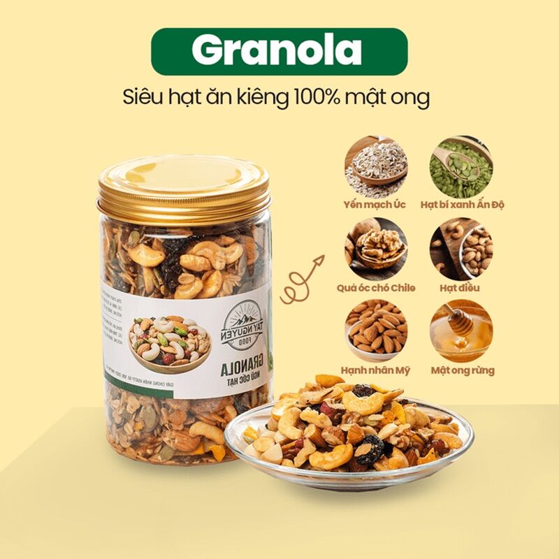 Ngũ cốc Granola siêu hạt, mật ong nguyên chất 100% hộp 500gram eat clean, healthy - Tây Nguyên Food