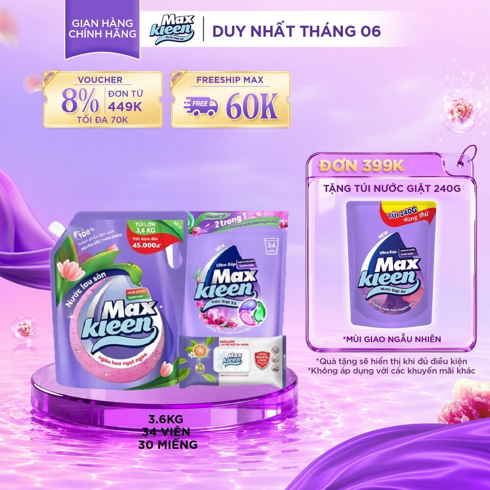 Combo Túi lau sàn MaxKleen hương Ngàn hoa ngọt ngào 3.6 kg + Túi viên hương Huyền Diệu 34 viên + Khăn ướt