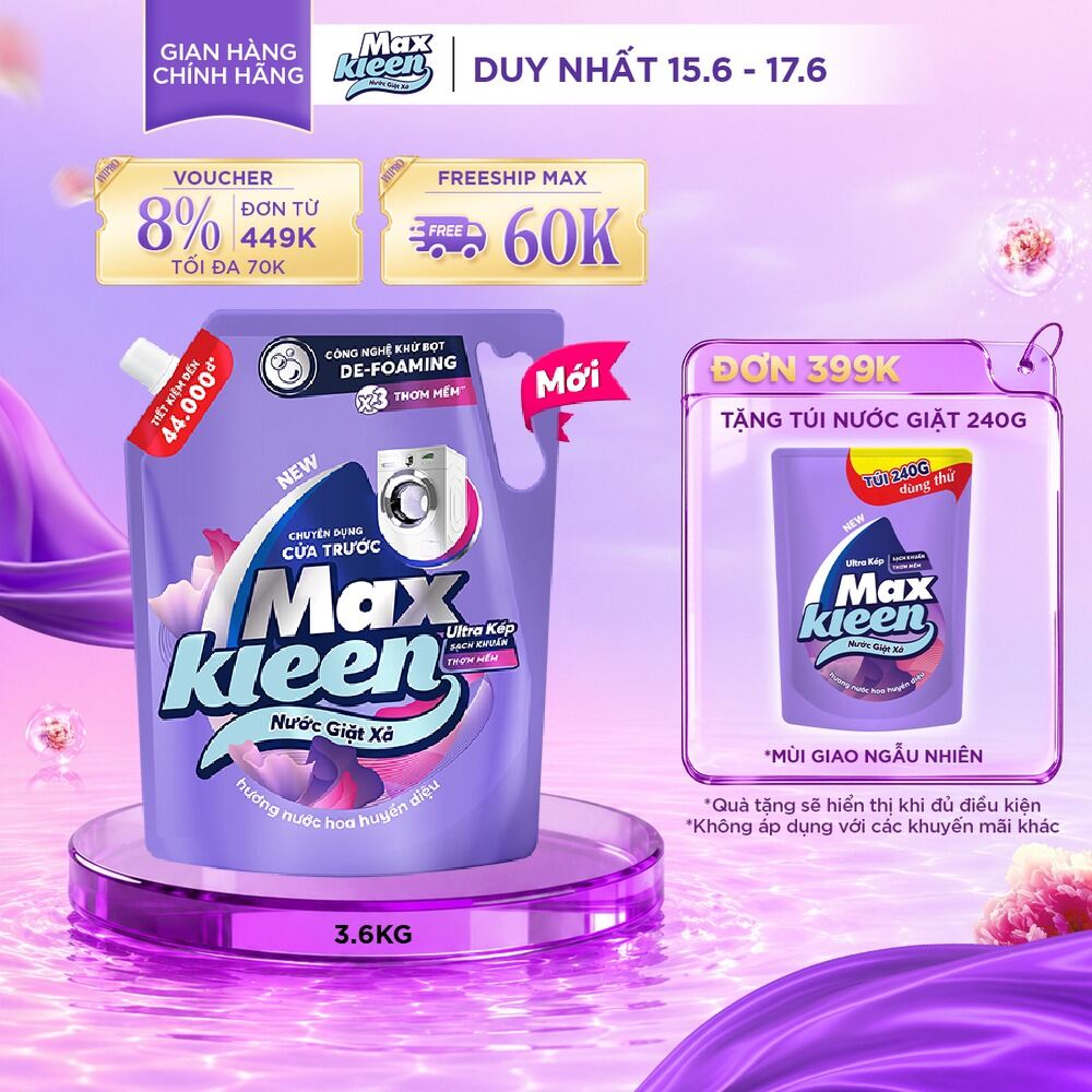 Nước giặt xả cho máy giặt cửa trước MaxKleen hương Huyền Diệu 3.6kg