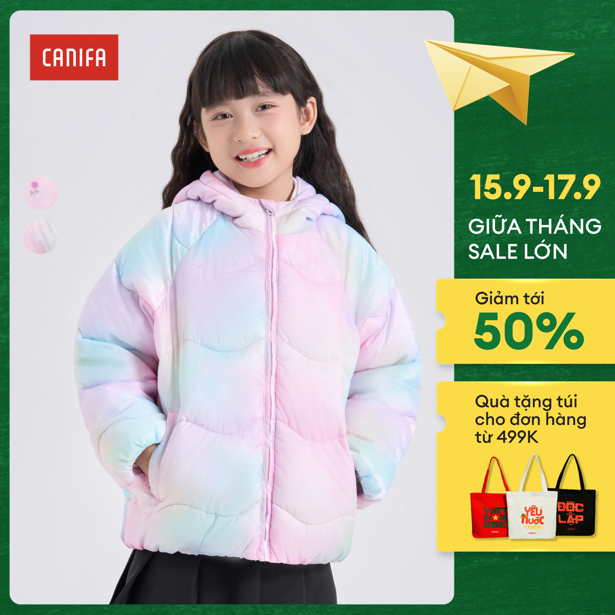 [ 15-17.9 ĐƠN TỪ 499K TẶNG TÚI TOTE] Áo khoác chần bông bé gái CANIFA 1OT24W004