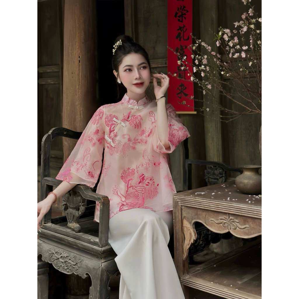 Lễ phục đi chùa,bộ đi lễ chùa, bộ đồ lam đi chùa tơ thêu kì lân cổ tàu 3 cúc đũa chéo tơ 2 lớp chất voan tơ cao cấp - diệu hạnh