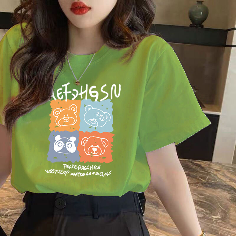 Mùa Hè 2023 Nữ Áo Thun Ngắn Tay Rộng Rãi Fit In Hình Trắng Phong Cách Cơ Bản Thoải Mái Cổ Tròn Áo Polyester Spandex Pha Trộn