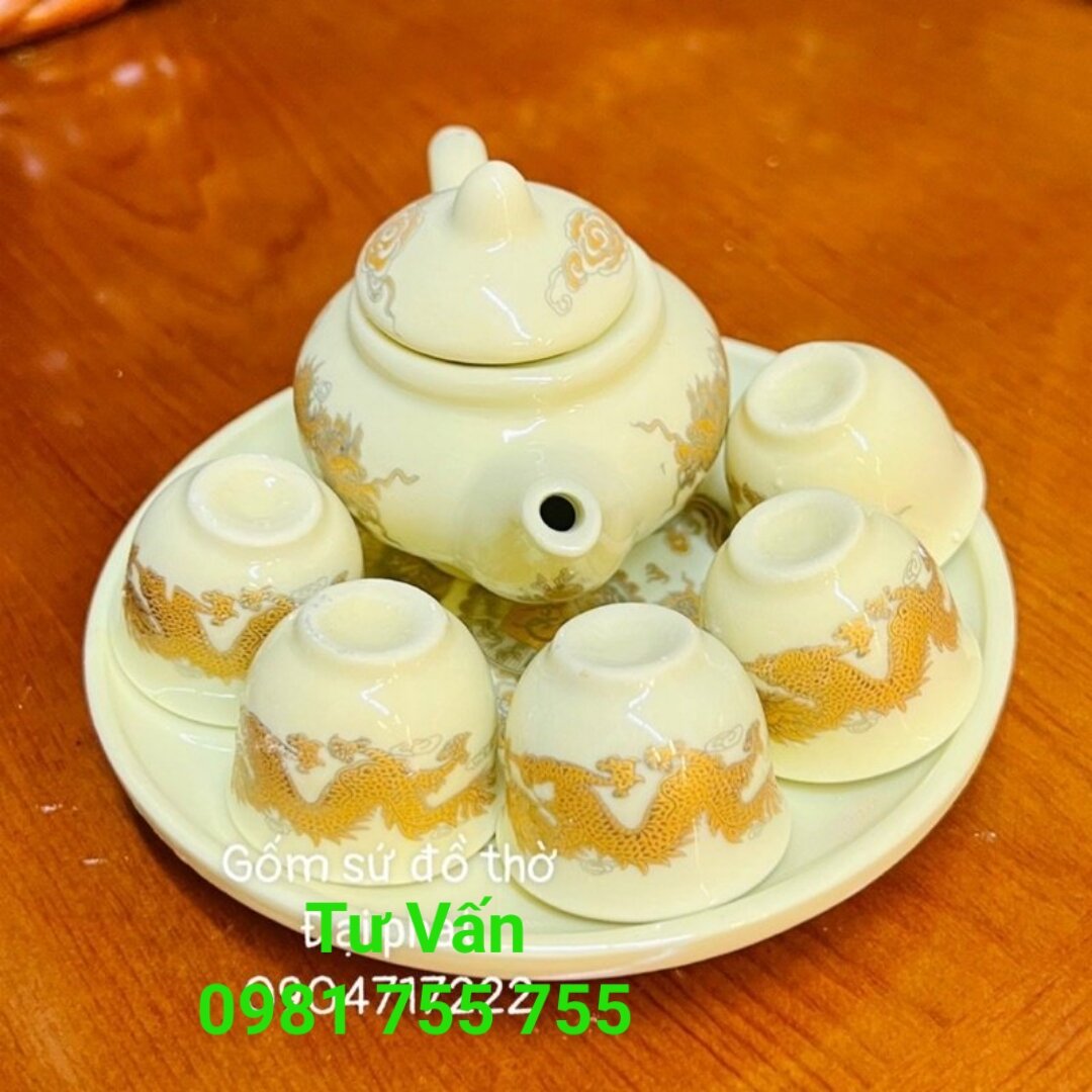 Bộ Trà 5 chén Thờ Cúng_Bộ Ấm Chén Vàng Gốm Sứ Bát Tràng