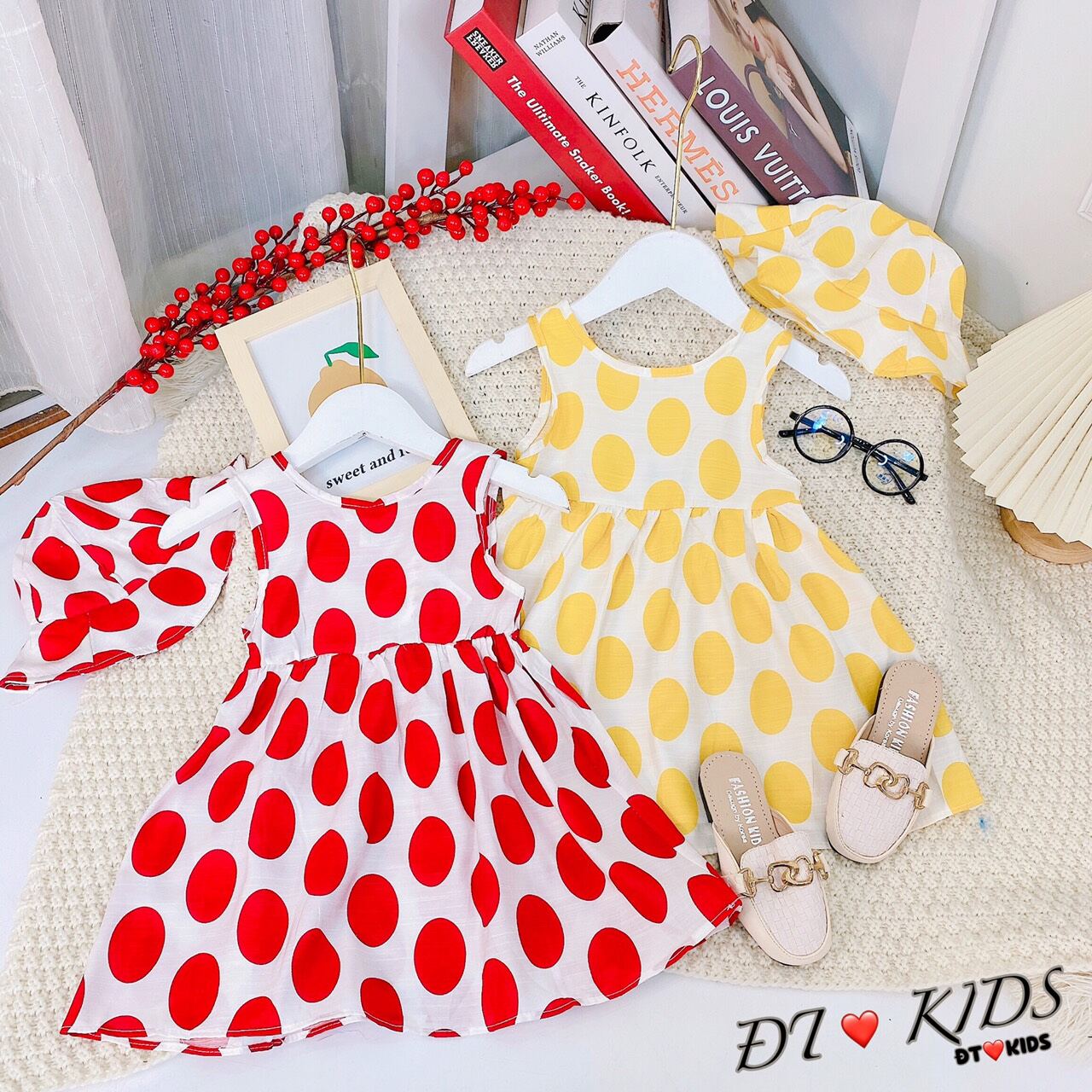 R3-váy đũi xòe chấm bi kèm mũ xinh cho bé gái 7-16kg