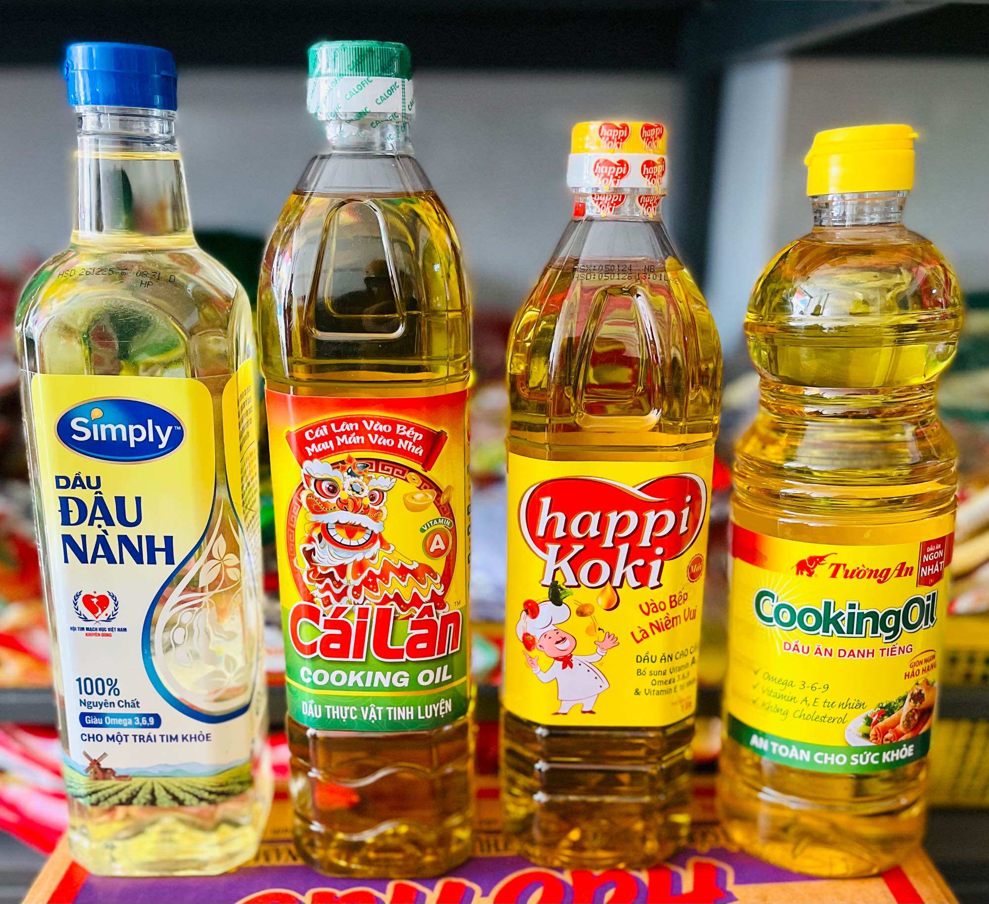 Dầu ăn Happi Koki/Tường An/Cái Lân/Đậu nành Simply chai (1L)