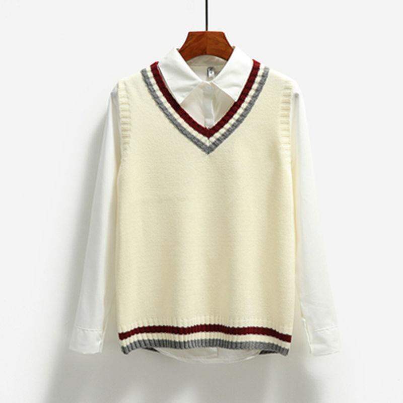Bộ Hai Áo Len + Áo Sơ Mi Trang Phục Nữ Mẫu Mới 2022 Đầu Thu Áo Ba Lỗ Gile Dệt Kim Học Sinh Phong Cách Hàn Áo Sơ Mi Dài Tay