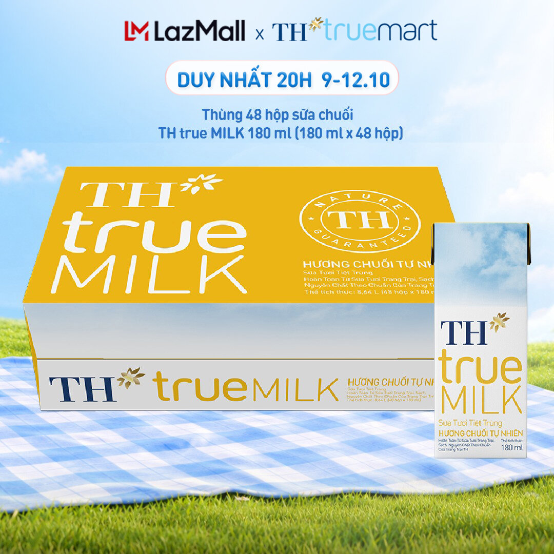 Thùng 48 hộp sữa tươi tiệt trùng TH true MILK hương chuối 180 ml (180 ml x 48)
