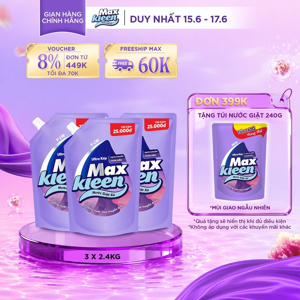 Combo 3 Túi Nước Giặt Xả MaxKleen Hương Nước Hoa Huyền Diệu (2.4kg/túi)