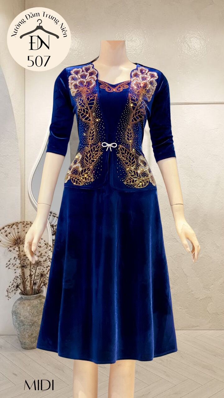 Đầm Nhung ép đá cao cấp  tay lỡ