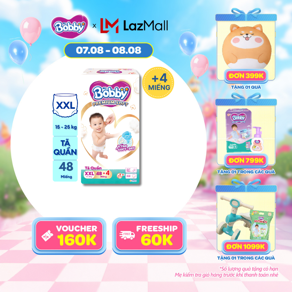 [20g 7-10.8 QUÀ TO][Tặng 4 miếng] Tã quần Bobby Premium Soft size XXL48