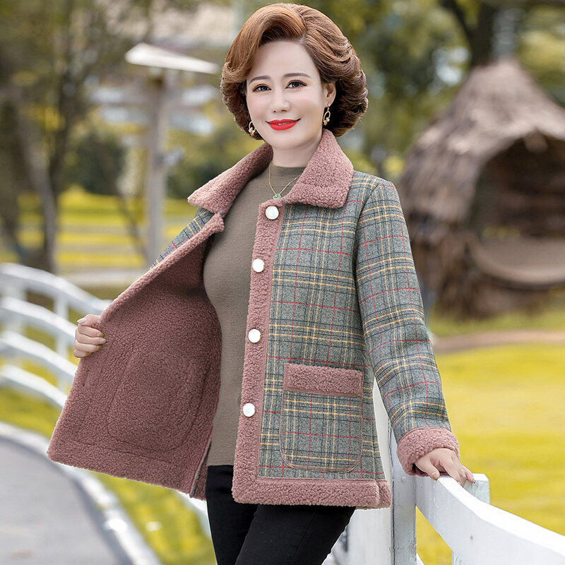 Áo Khoác Lông Cừu Ngắn Cho Phụ Nữ Trung Niên Mùa Thu Đông Thường Ngày Cổ Polo Nút Đơn Túi Polyester 