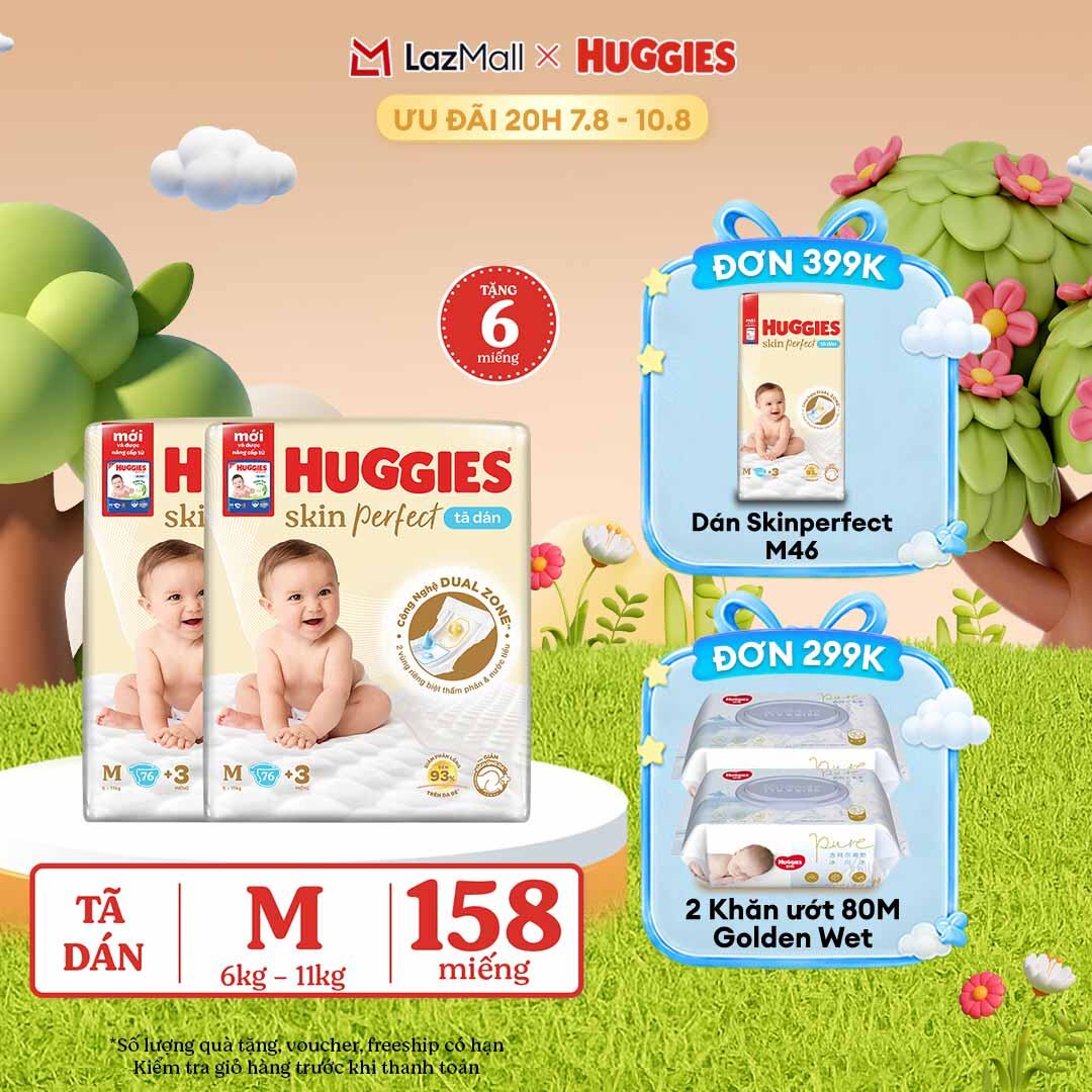 [20h 7-10.8 QUÀ TẶNG ĐƠN 0Đ] [Tặng thêm 6 miếng tã] Combo 2 Tã dán Huggies Skin Perfect Super Jumbo M76 miếng