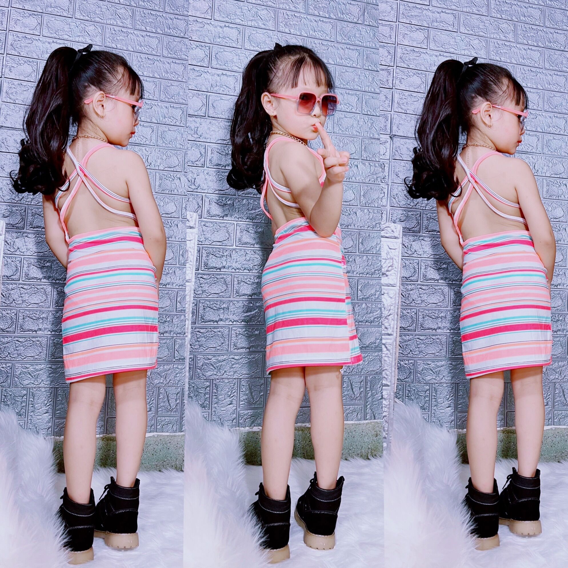 Đầm sọc dây lưng cho bé