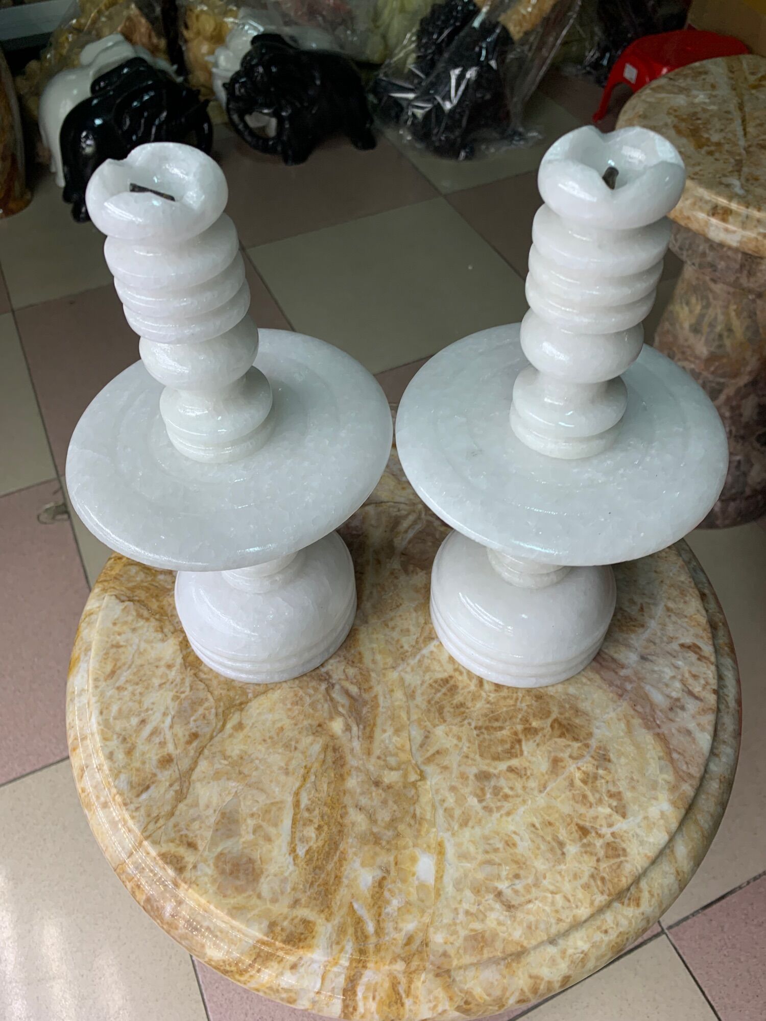 Cặp Chân Đèn Thờ Đá Cẩm Thạch Trắng - cao 20cm