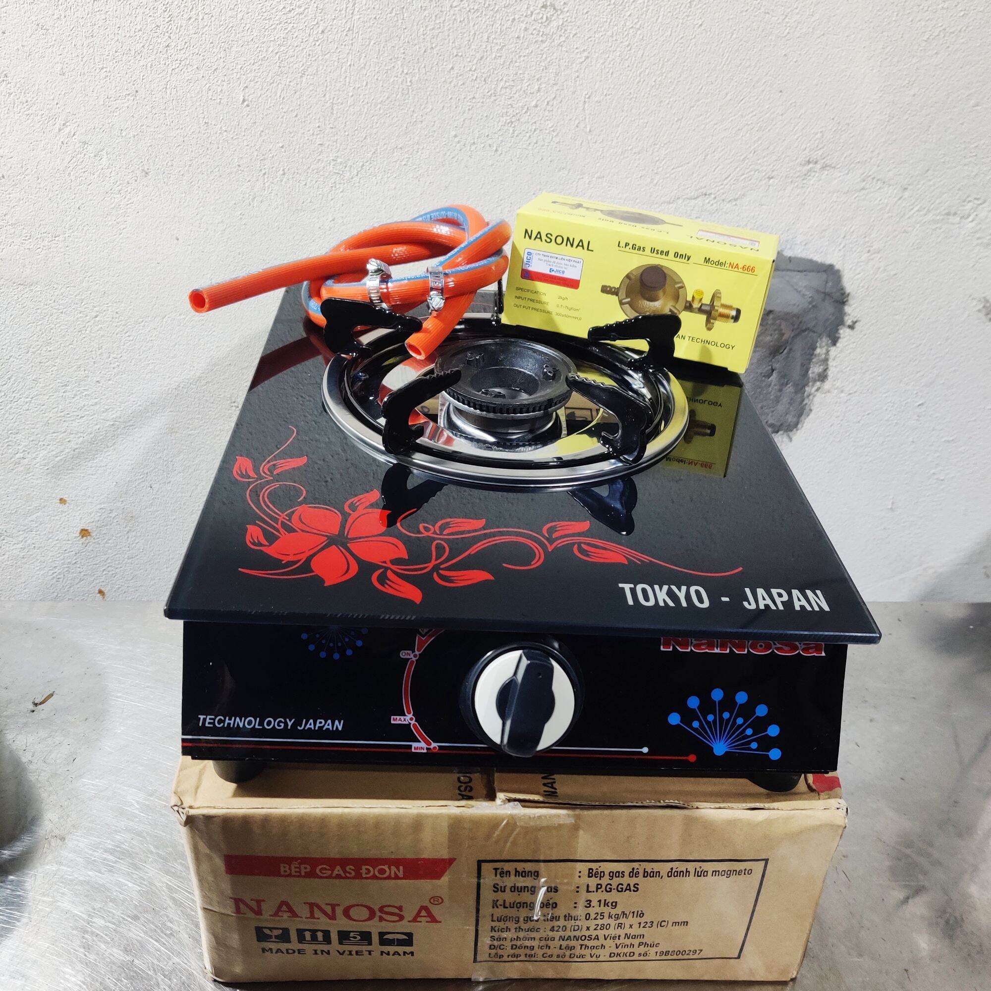 Bếp gas đơn mặt kính+ van gas+ dây gas. tặng lót tay, tạp dề