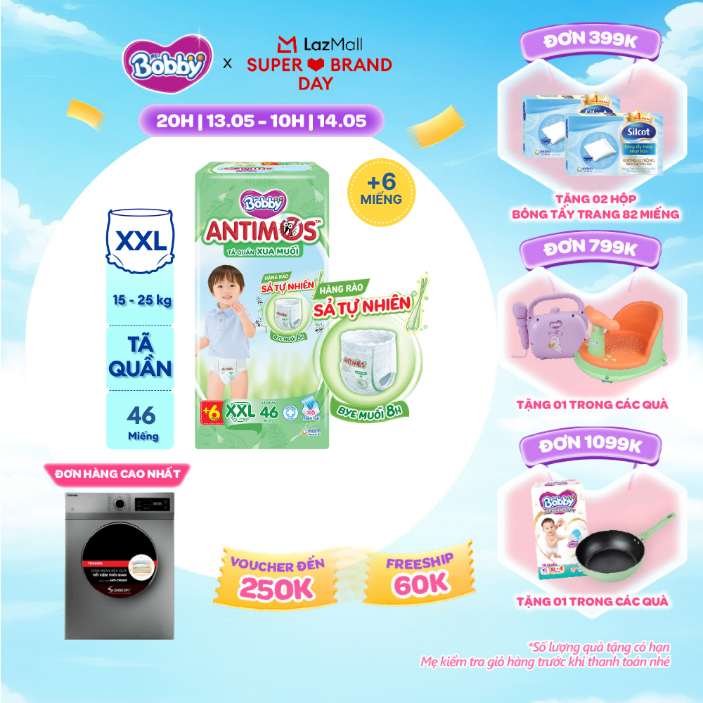 [CHỈ 20h 13.05 QT Đơn 899K/1199K][TẶNG KÈM 6 MIẾNG] Tã Quần Xua Muỗi Bobby Antimos – Hàng rào Sả tự nhiên Bye Muỗi 8H - Size XXL 46 miếng