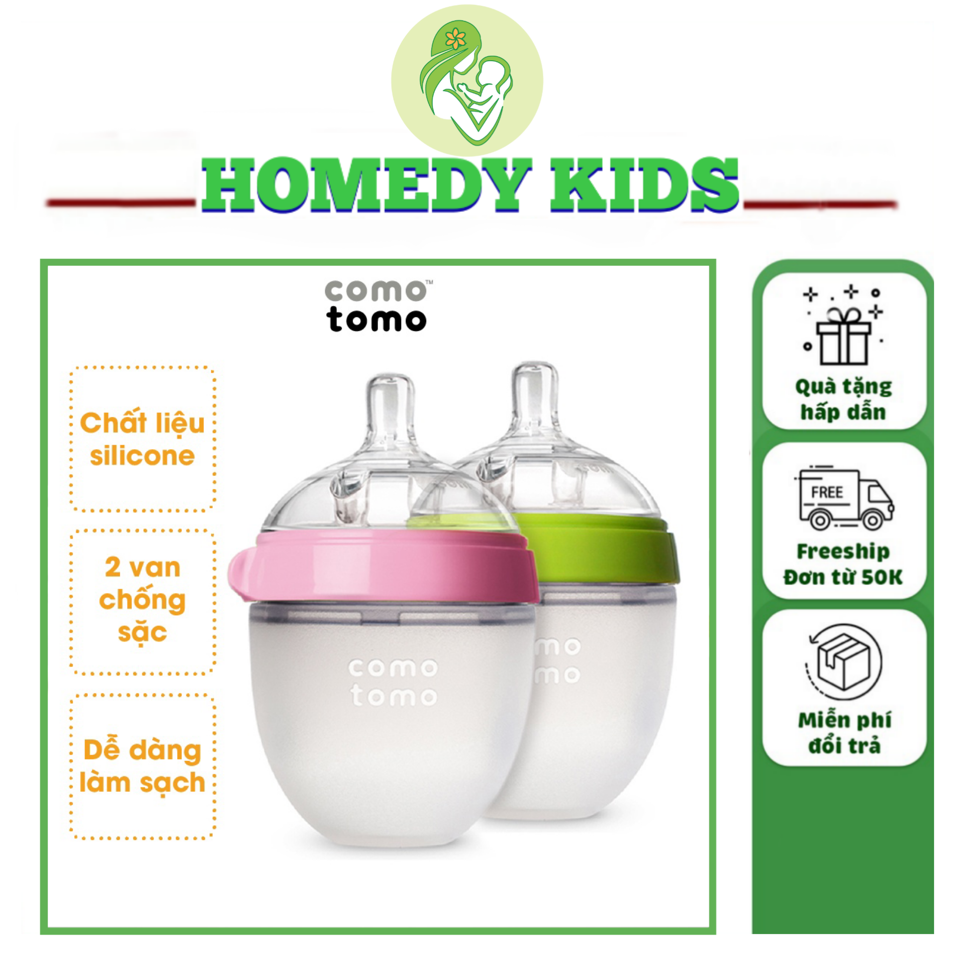 Bình sữa cho bé, bình sữa silicon comotomo hàn quốc chính hãng, 150ml và 250ml, tặng kèm tay cầm cho bé