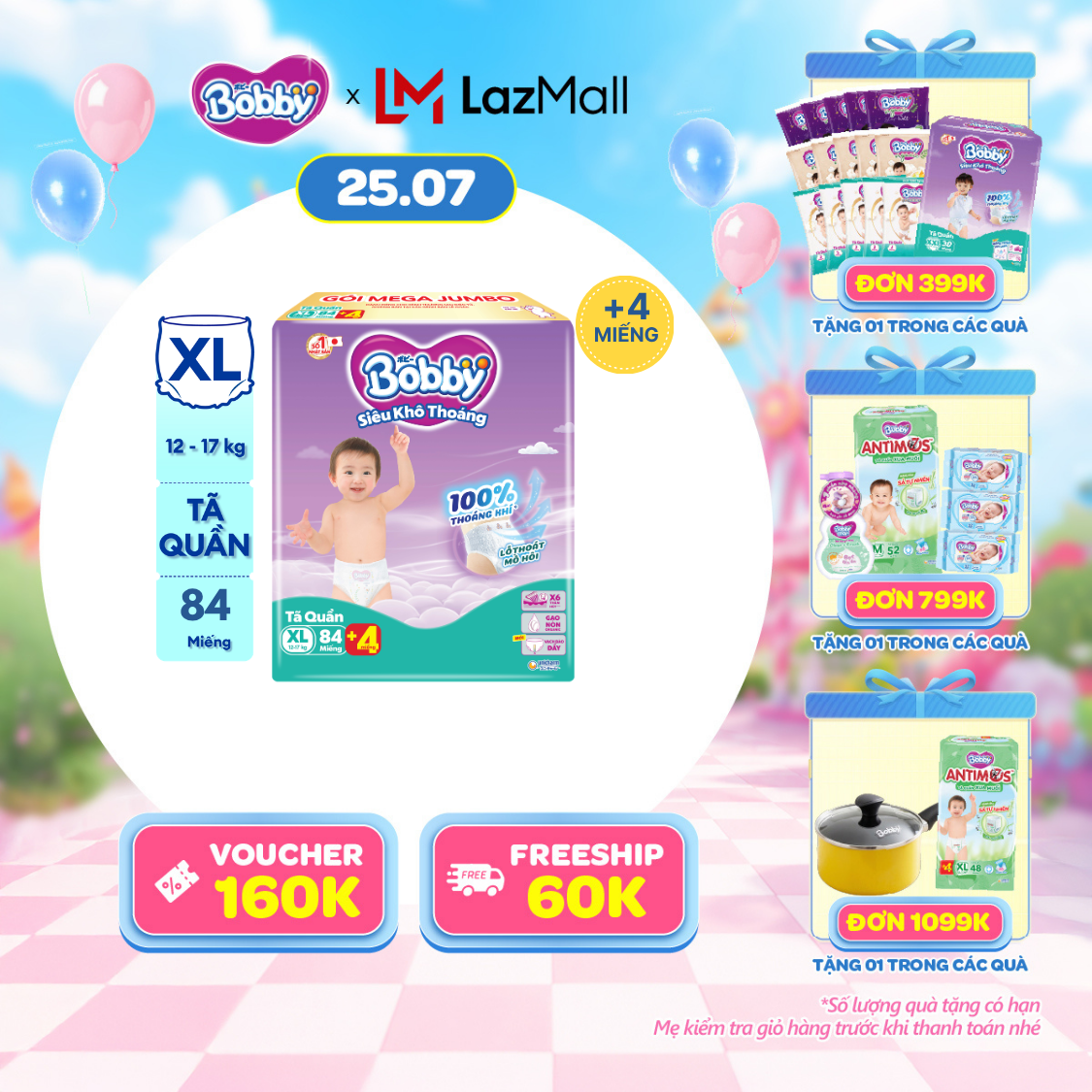 [SALE CUỐI THÁNG QUÀ TO] Tã/bỉm quần Bobby 3mm Mega Jumbo Siêu khô thoáng XL84