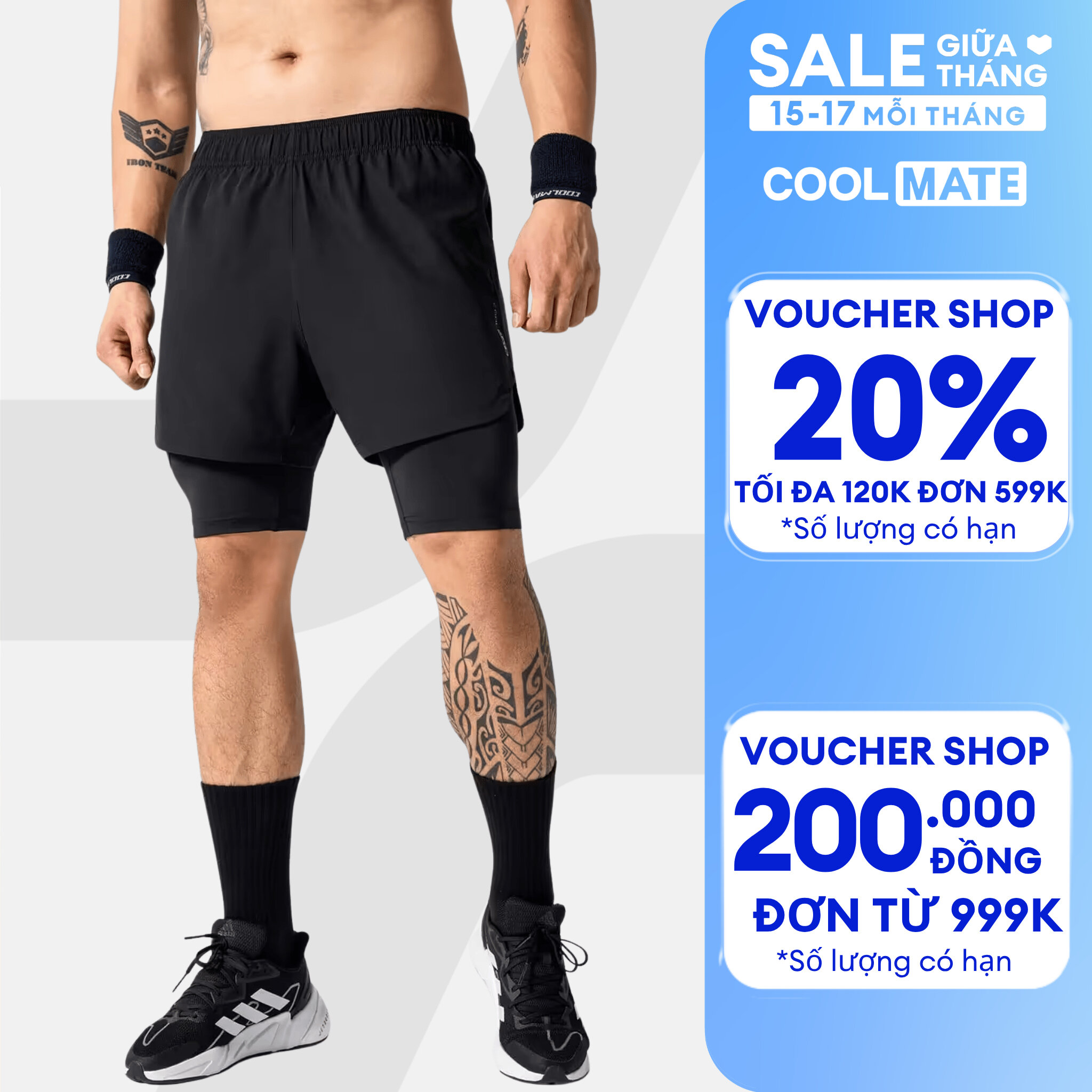 Quần Short thể thao nam Gym Power 2 lớp co giãn, thấm hút, nhanh khô Coolmate