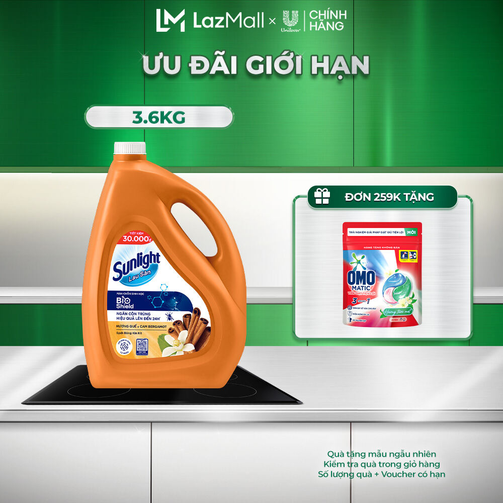 Nước lau sàn Sunlight BIOSHIELD Quế & Cam Bergamot Chai 3.6kg | Công nghệ BIOSHIELD | Ngăn côn trùng